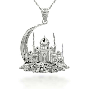 Sterling Silver Islamic Crescent Moon Hilal Ibn Ali Mosque Pendant Necklace