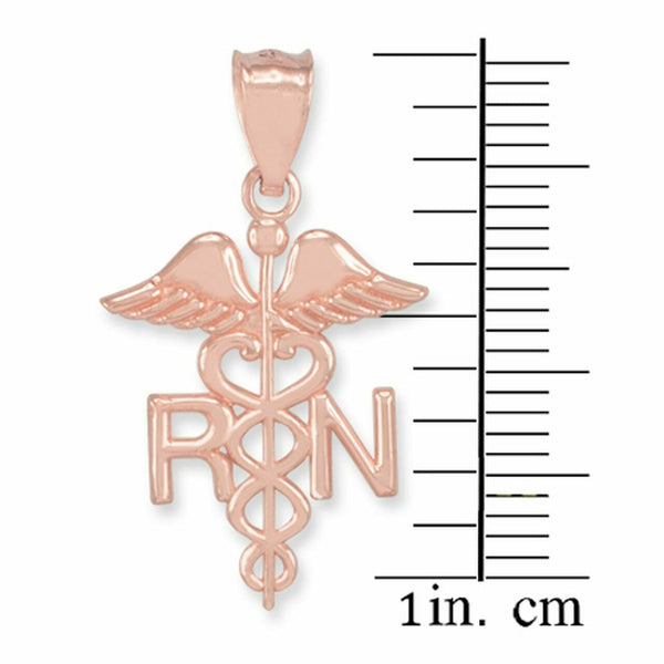 10K Rose Gold Caduceus Medical RN Registered Nurse Herald Staff Pendant Necklace