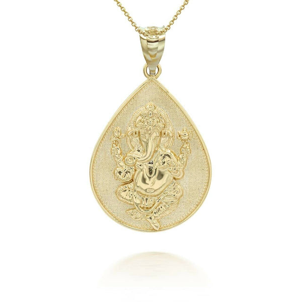 14K Solid Gold Hindu Lord Ganesha Pendant Necklace - Yellow, Rose, or White Gold