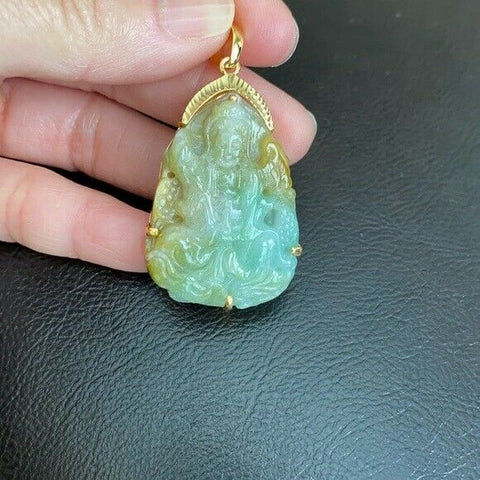 14k Solid Gold Natural Jadeite Jade Kwan Quan Yin Green Female Buddha Pendant