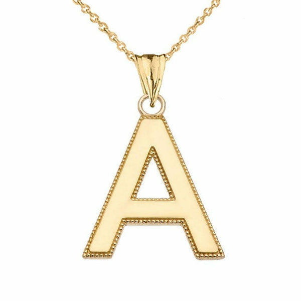 10k Solid Yellow Gold Small Milgrain Initial Letter A Pendant Necklace