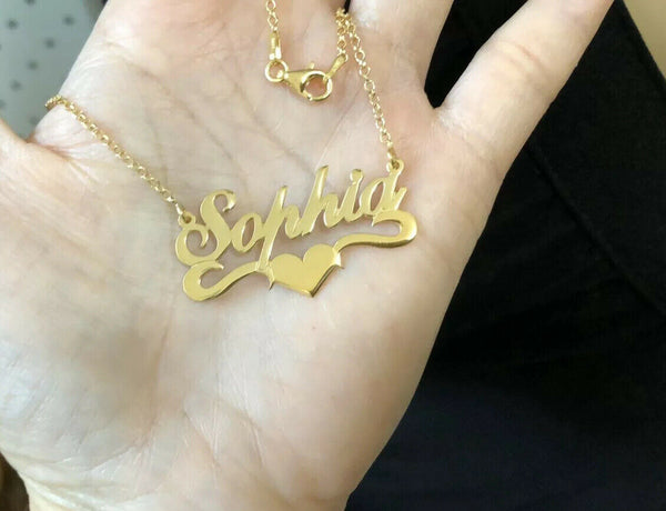 Personalized Gold over Sterling Silver Name Plate Heart Necklace - Sophia 18”