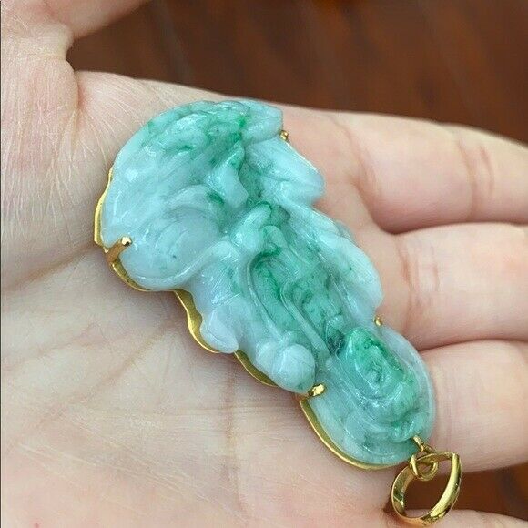 14K Solid Real Yellow Gold Natural Jadeite Jade Kwan Yin Lady Buddha Pendant 702