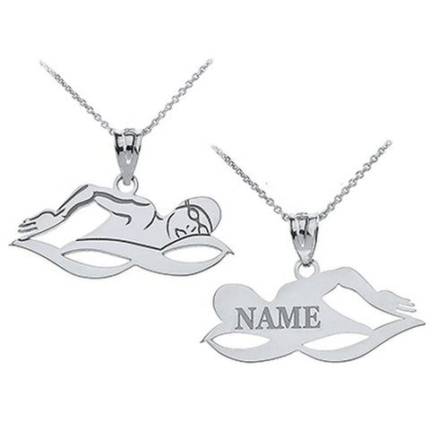 Personalized Engrave Name Sterling Silver Swimmer Sports Pendant Necklace