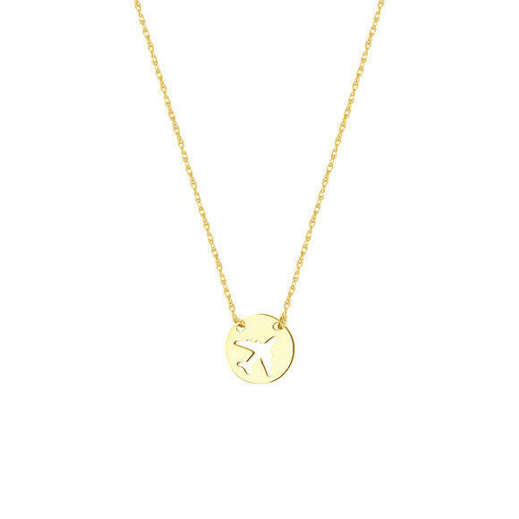 14K Solid Gold Mini Disk Disc Air Plane Dainty Necklace - Minimalist Yellow