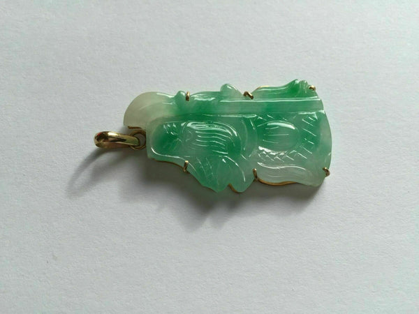 14k Solid Yellow Gold Longevity God Green Jade Pendant