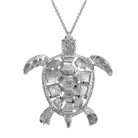 925 Silver Vertical Textured Lucky Hawaiian Honu Sea Turtle Pendant Necklace
