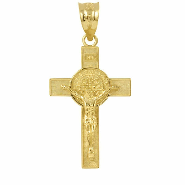 14K Solid Yellow Gold Large St. Benedict Crucifix Cross Pendant Necklace 1.6"