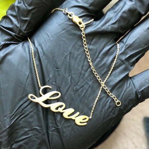925 Sterling Silver Yellow Gold E2W Love Script Cut Out Necklace - Adjustable