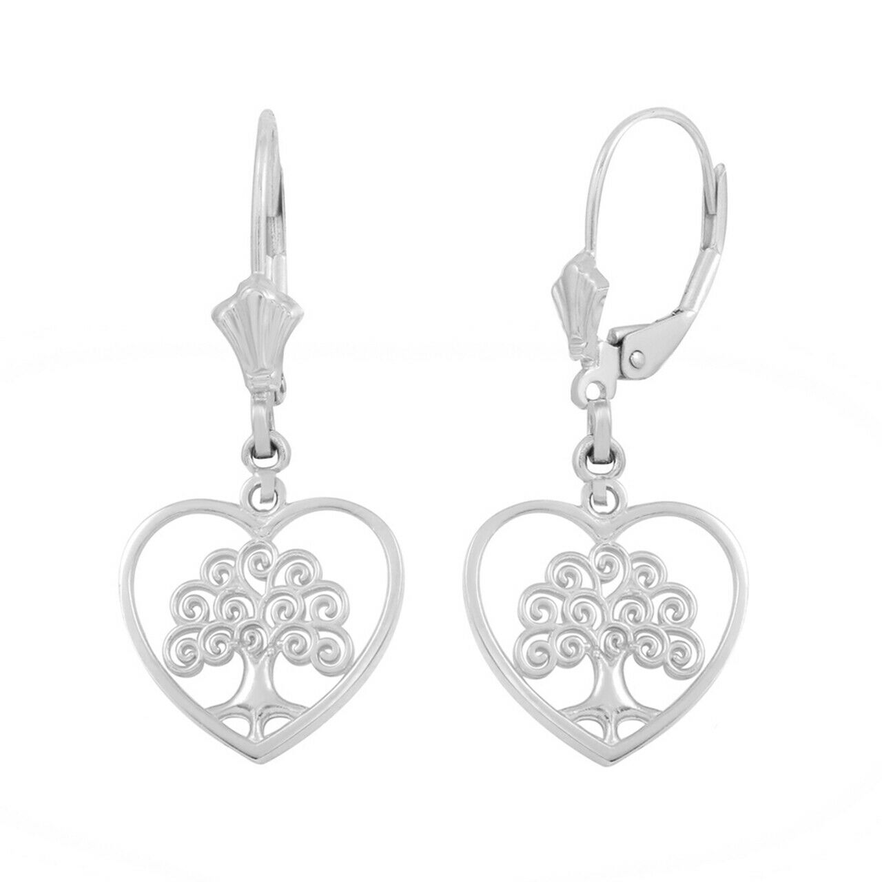 Sterling Silver Tree of Life Open Heart Filigree Drop/Dangle Leverback Earrings