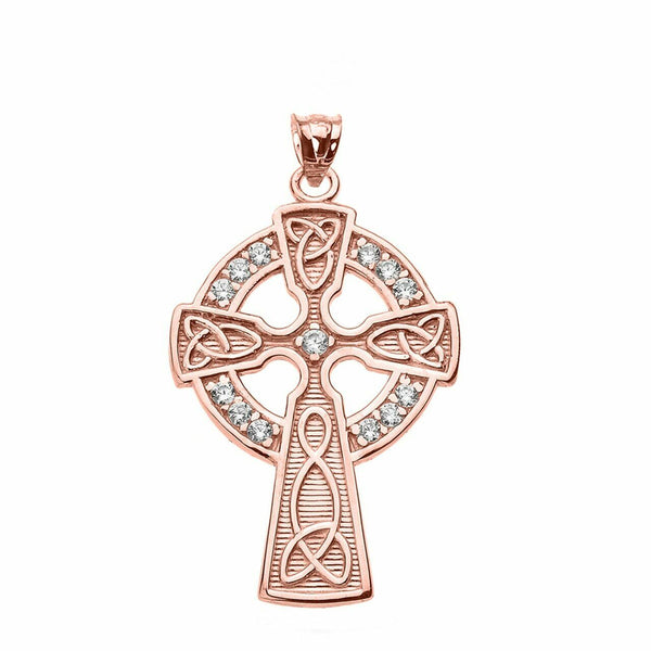 Solid 14k Rose Gold Diamond Trinity Knot Celtic Cross Pendant Necklace