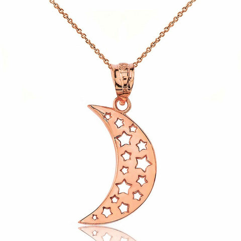 Solid 14k Rose Gold Dreaming Moon Crescent Stars Pendant Necklace