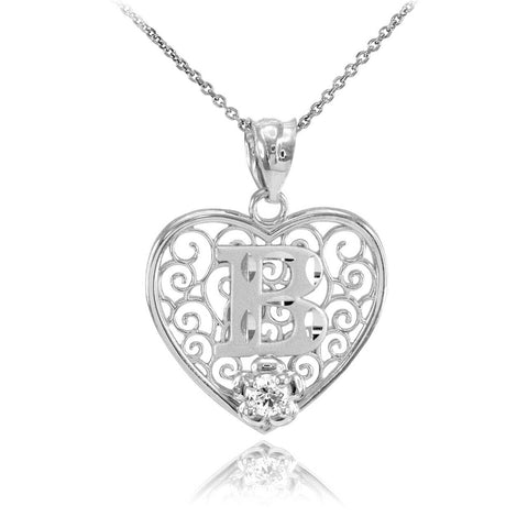 925 Sterling Silver Filigree Heart CZ Initial Letter B Pendant Necklace