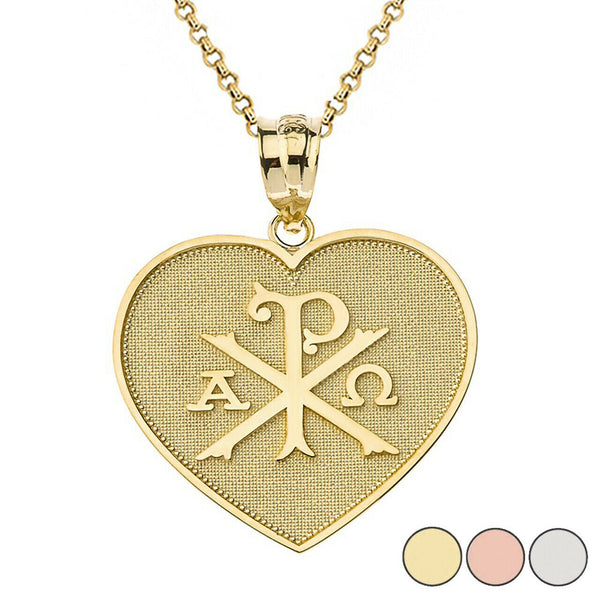 14K Solid Yellow Gold Ancient Christian Chi Rho Px Heart Pendant Necklace
