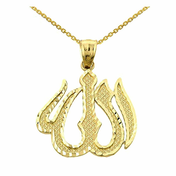 14k Real Solid Yellow Gold Diamond Cut Allah Pendant Necklace