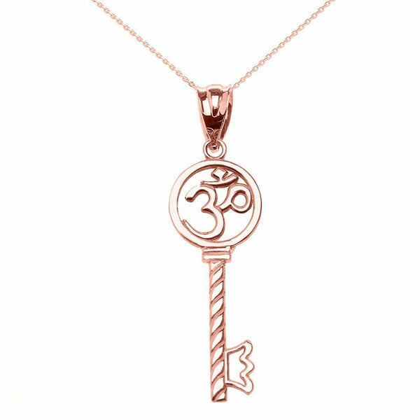 10k Solid Rose Gold Om/Ohm Key Crown Pendant Necklace Yoga and Meditation