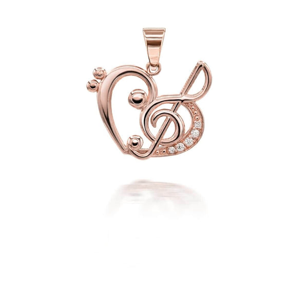 14K Solid Gold Music Heart Treble Clef Pendant Necklace - Yellow, Rose, or White