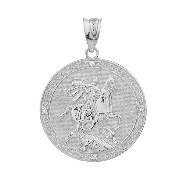 925 Sterling Silver Saint George Engravable CZ Medallion LG Pendant Necklace