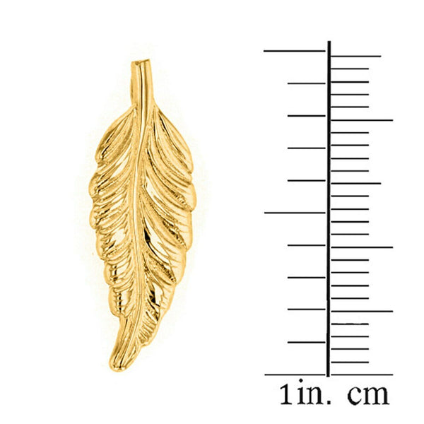 14k Yellow Gold Solid Bohemia Boho Feather Pendant Necklace
