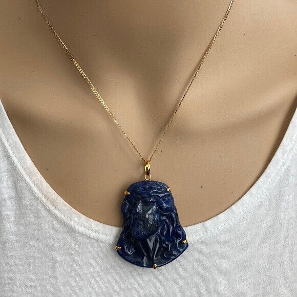14K Real Solid Gold Carving Jesus Sodalite Christ Head Pendant Charm Large