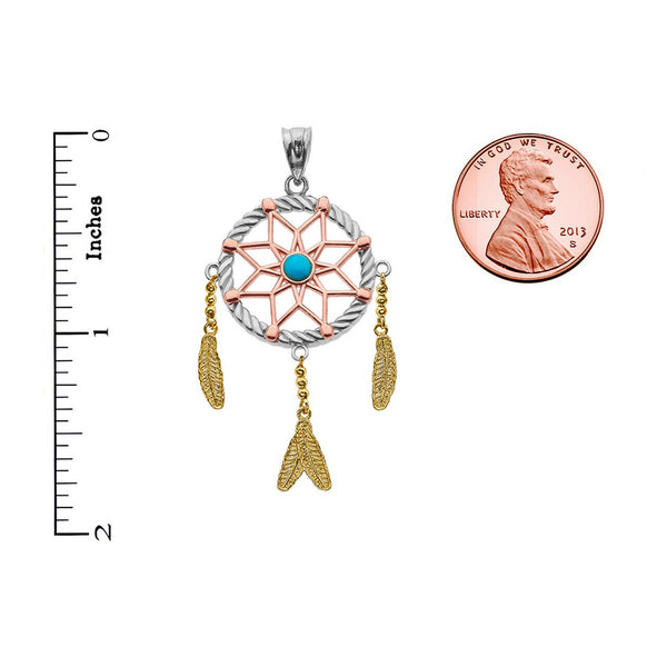 10k Tri-color tone Gold Turquoise Flower Dream Catcher Pendant Necklace