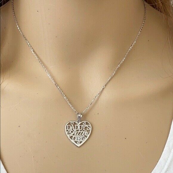 14k Solid White Gold Daddy's Little Girl Heart Pendant Necklace