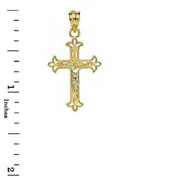 14k Solid Gold Fleur De Lis Filigree Crucifix Pendant Necklace