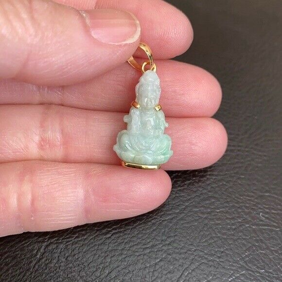 14K Solid Gold Guanyin Kwan Yin Buddha Natural Jade Pendant -Small Kid Size