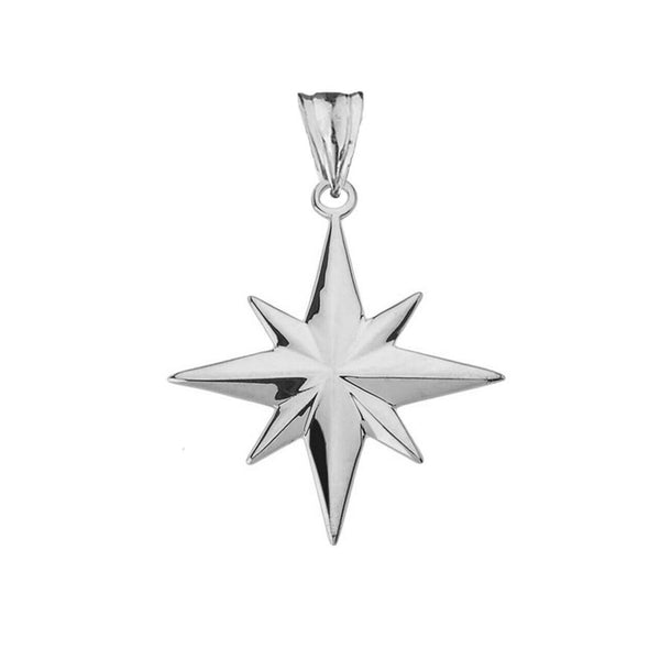 14K Solid White Gold North Star Pendant Charm Necklace 16" 18" 20" 22"