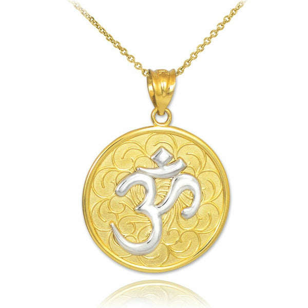 14k Solid Real Gold Two-Tone OHM (OM) Medallion Pendant Necklace