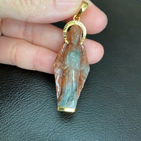 14K Solid Gold The Blessed Virgin Mary Carved Natural Red Jade Pendant