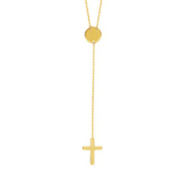 14K Solid Gold Dangle Disk/ Cross Lariat Necklace Adjustable Religious 16"-18"
