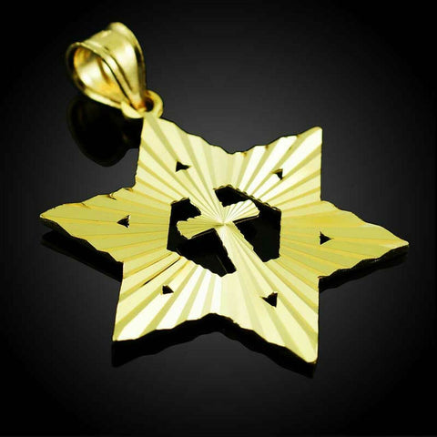 Solid 10k Yellow Gold Jewish Star of David and Cross Pendant Necklace Reversible