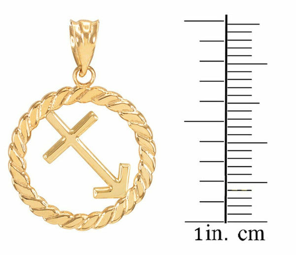 14K Solid Real Gold Sagittarius Zodiac Sign in Circle Rope Pendant Necklace