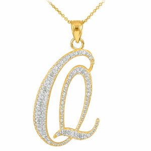 14k Solid Yellow Gold Diamonds Initial Script Letter Q Pendant Necklace