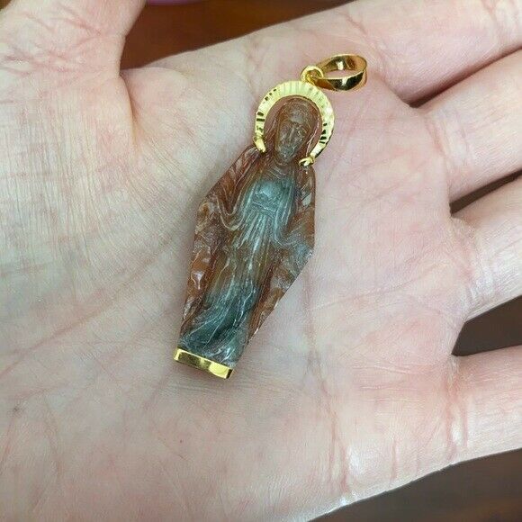 14K Solid Gold The Blessed Virgin Mary Carved Natural Red Jade Pendant