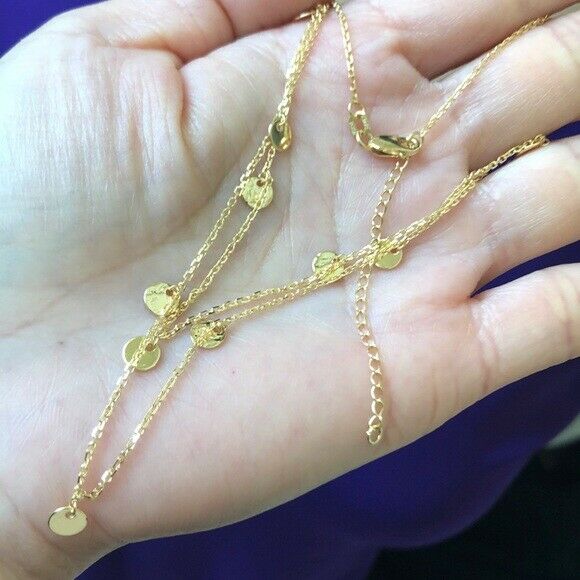 14K Solid Yellow Gold Layer Text Pol Disk Disc Double Strand BIB Necklace