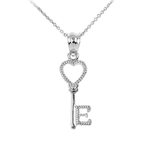 10k White Gold Open Love Heart Key Letter E Pendant Necklace Valentine's