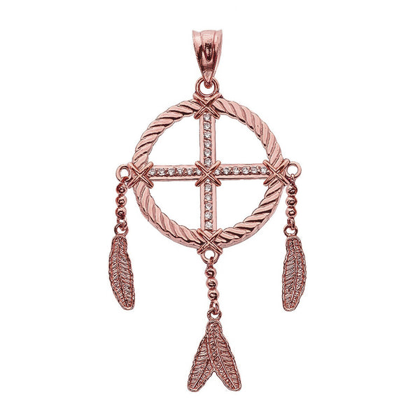 14k Solid Yellow White Rose Gold CZ Dream Catcher Pendant Necklace