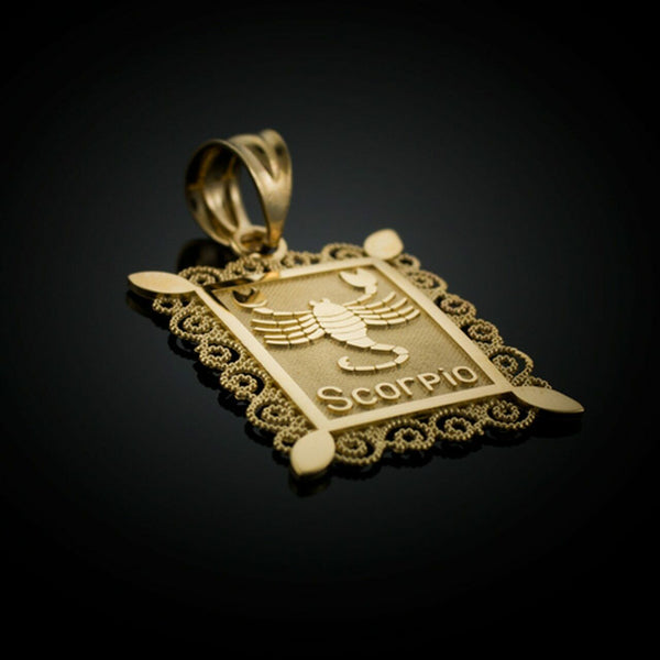 14k Solid Gold Scorpio Zodiac Sign Filigree Rectangular Pendant Necklace