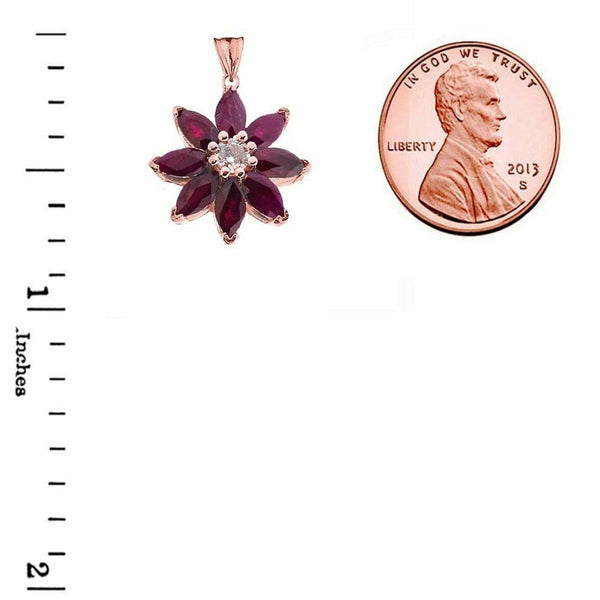 Solid 14k Rose Gold Genuine Ruby and Diamond Daisy Pendant Necklace