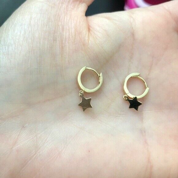 14K Solid Yellow Gold Baby 10 mm Hoop Dangle Star Earrings