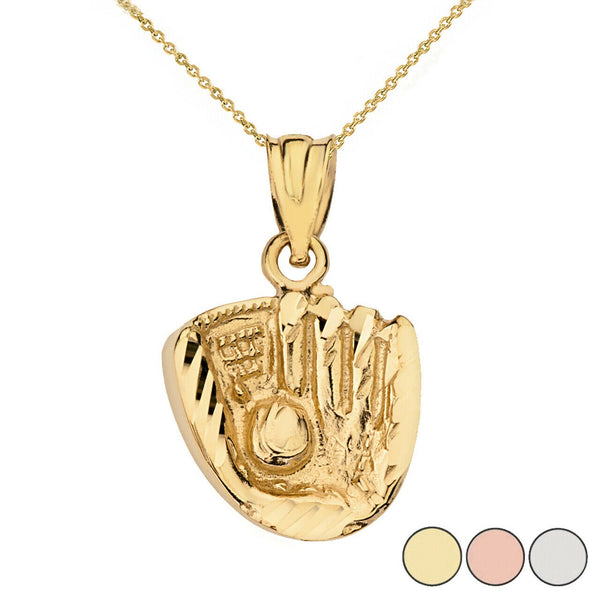 14k Yellow Gold Diamond Cut Baseball Glove Pendant Necklace