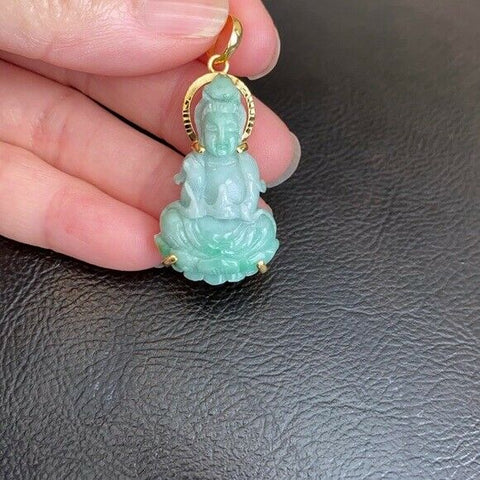 14K Real Gold Natural Jadeite Jade Guanyin Kwan Yin Female Buddha Pendant