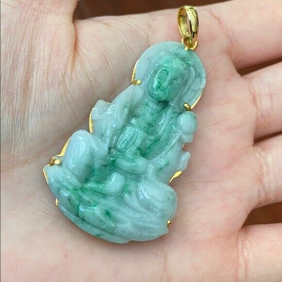 14K Solid Real Yellow Gold Natural Jadeite Jade Kwan Yin Lady Buddha Pendant 702