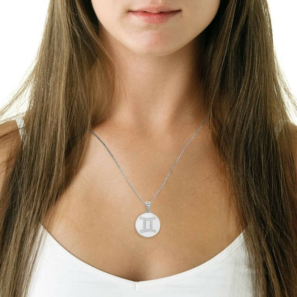 Personalized Engrave Name Zodiac Sign Gemini Round Silver Pendant Necklace