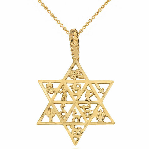 10k Yellow Gold Jewish Star of David Charm 12 Tribes of Israel Pendant Necklace