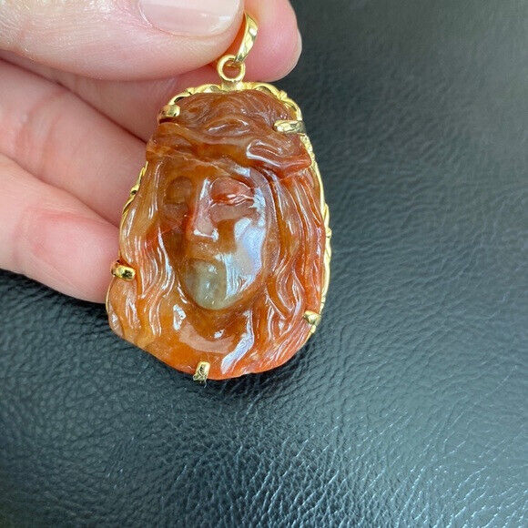 14K Real Solid Gold Red Jade Carved Jesus Christ Head Pendant Charm