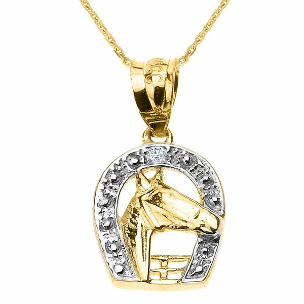 Solid 14k Yellow Gold Diamond Horseshoe with Horse Head Pendant Necklace
