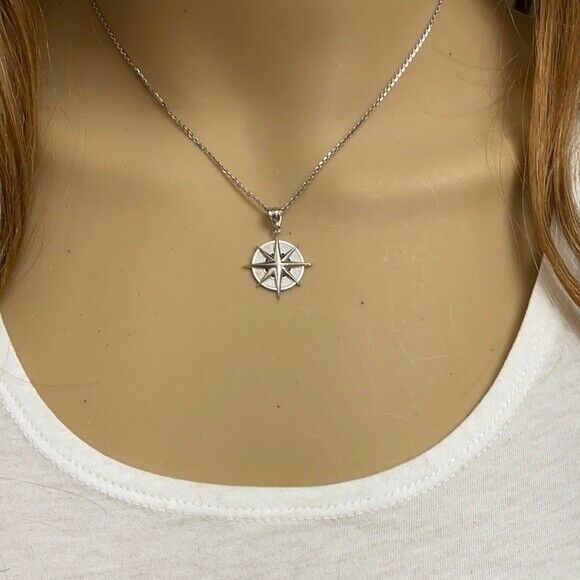 10K Solid Yellow Gold Nautical Compass Pendant Necklace
